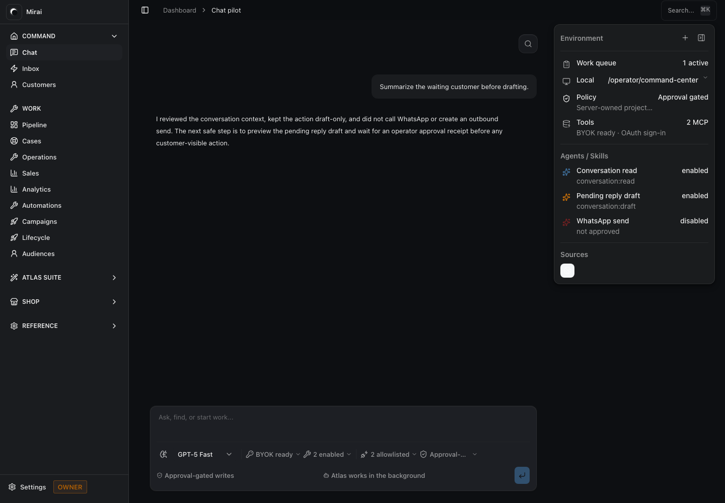 Agentic command workspace screenshot from the Mirai agentic Operator workspace